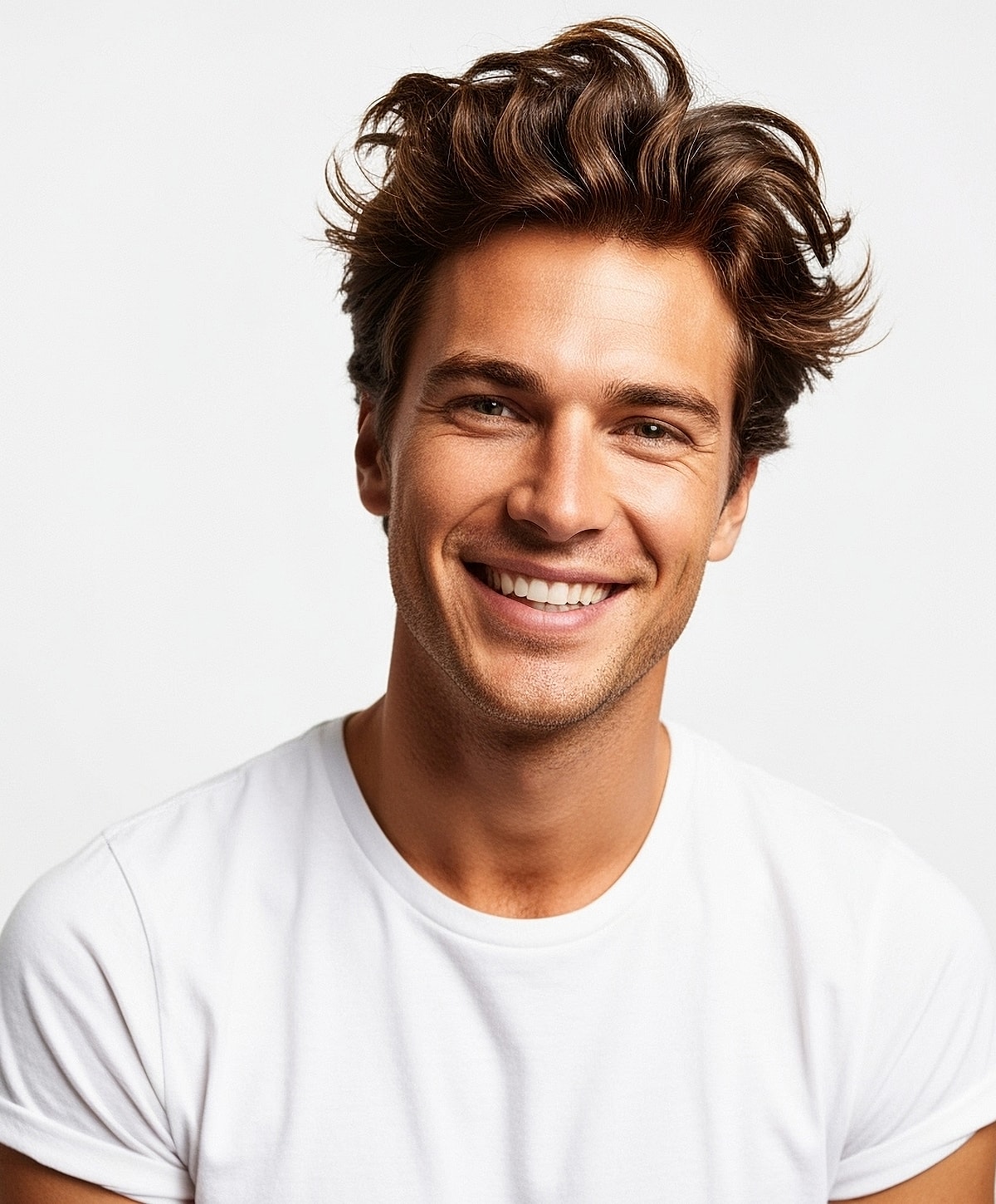 Gainesville, FL Hair Restoration model with stylish hair and white shirt.