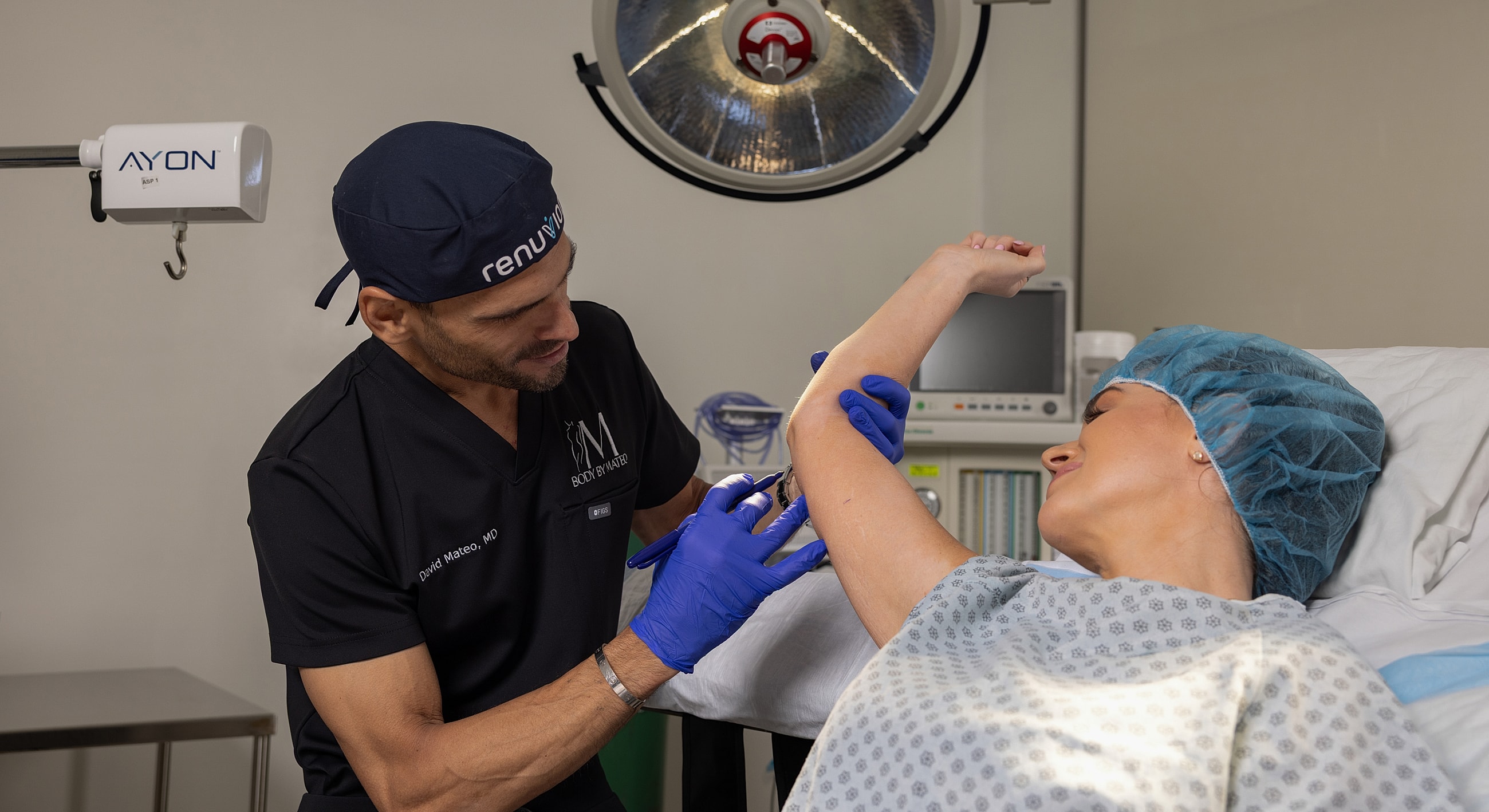 Doctor administering treatment in a medical setting.